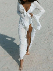 White tied cover-up dress with long sleeves