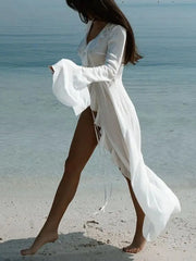 Long sleeve white swim cover-up front
