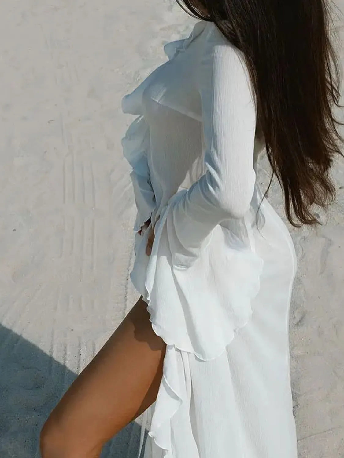 Flowy white ruffle beach cover-up