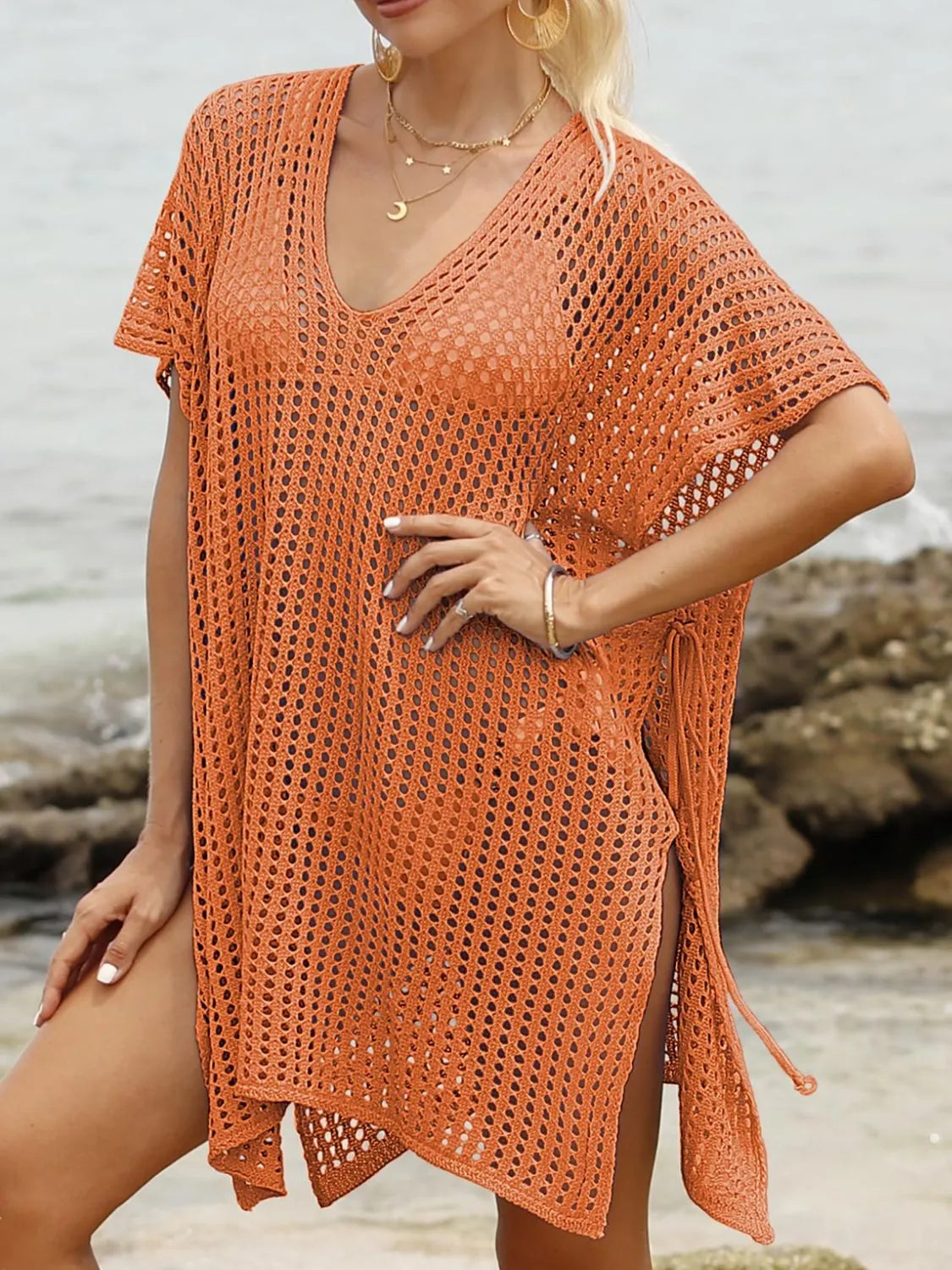 Front view terracotta side tied swimwear