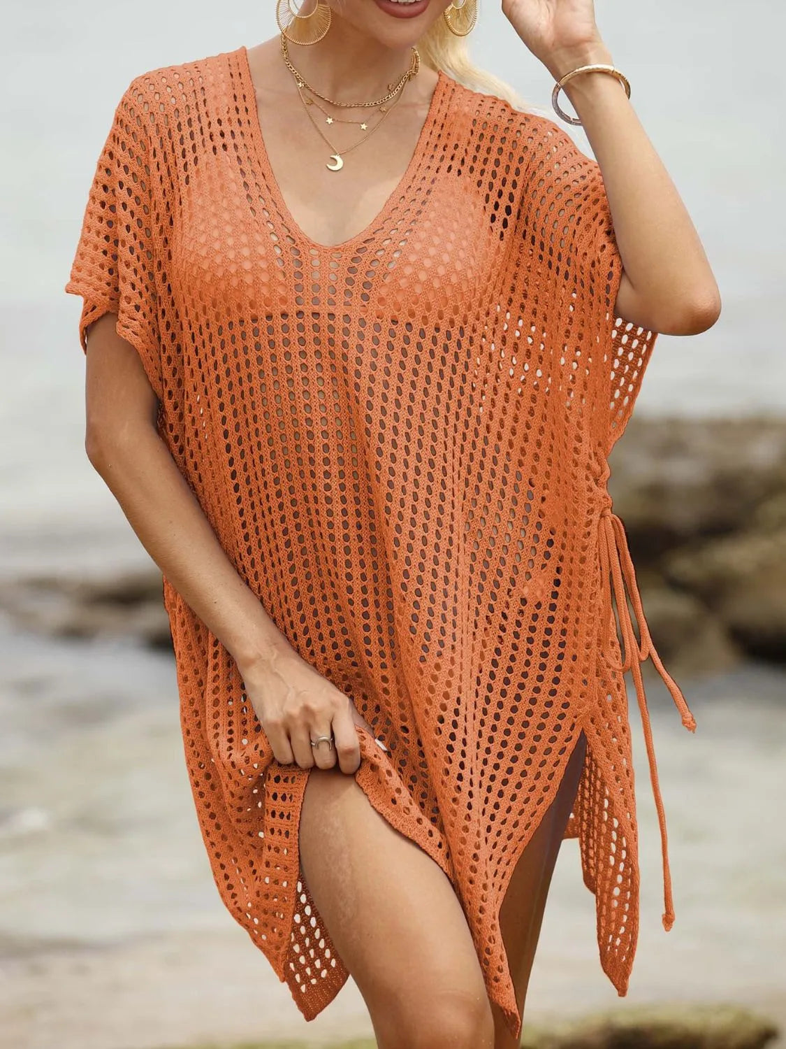 Tied swimsuit cover-up in terracotta