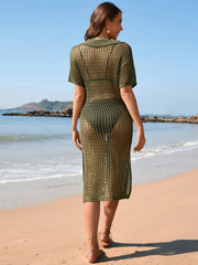 Slit Openwork Johnny Collar Short Sleeve Cover-Up in Matcha Green - Back View