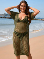 Slit Openwork Johnny Collar Short Sleeve Cover-Up in Matcha Green - Front View 1