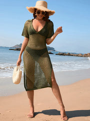 Slit Openwork Johnny Collar Short Sleeve Cover-Up in Matcha Green - Front View 2