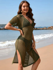 Slit Openwork Johnny Collar Short Sleeve Cover-Up in Matcha Green - Side View