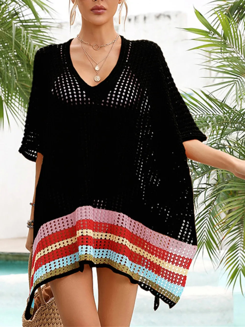 Black openwork slit V-neck dress front angle