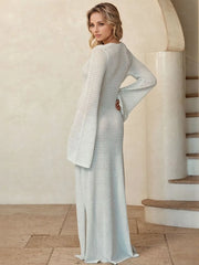 Slit Plunge Flare Sleeve Cover-Up Dress in White - Back View 1