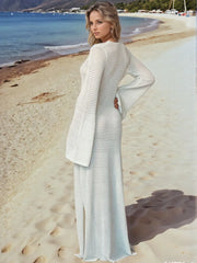 Slit Plunge Flare Sleeve Cover-Up Dress in White - Back View 2