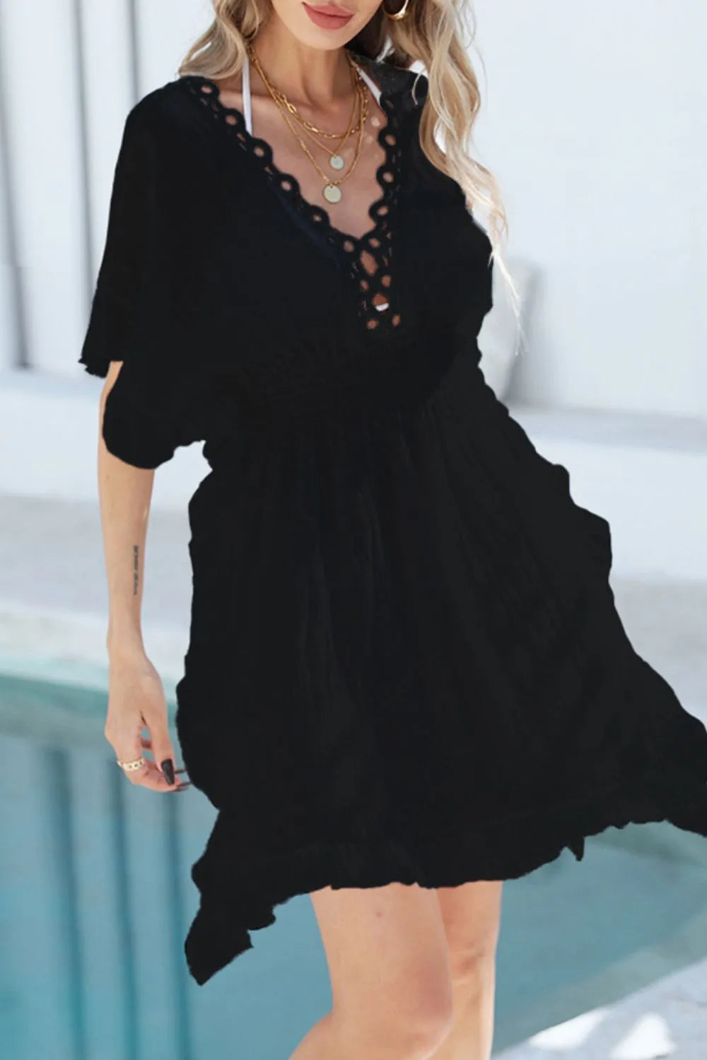 Back view black V-neck smocked cover-up
