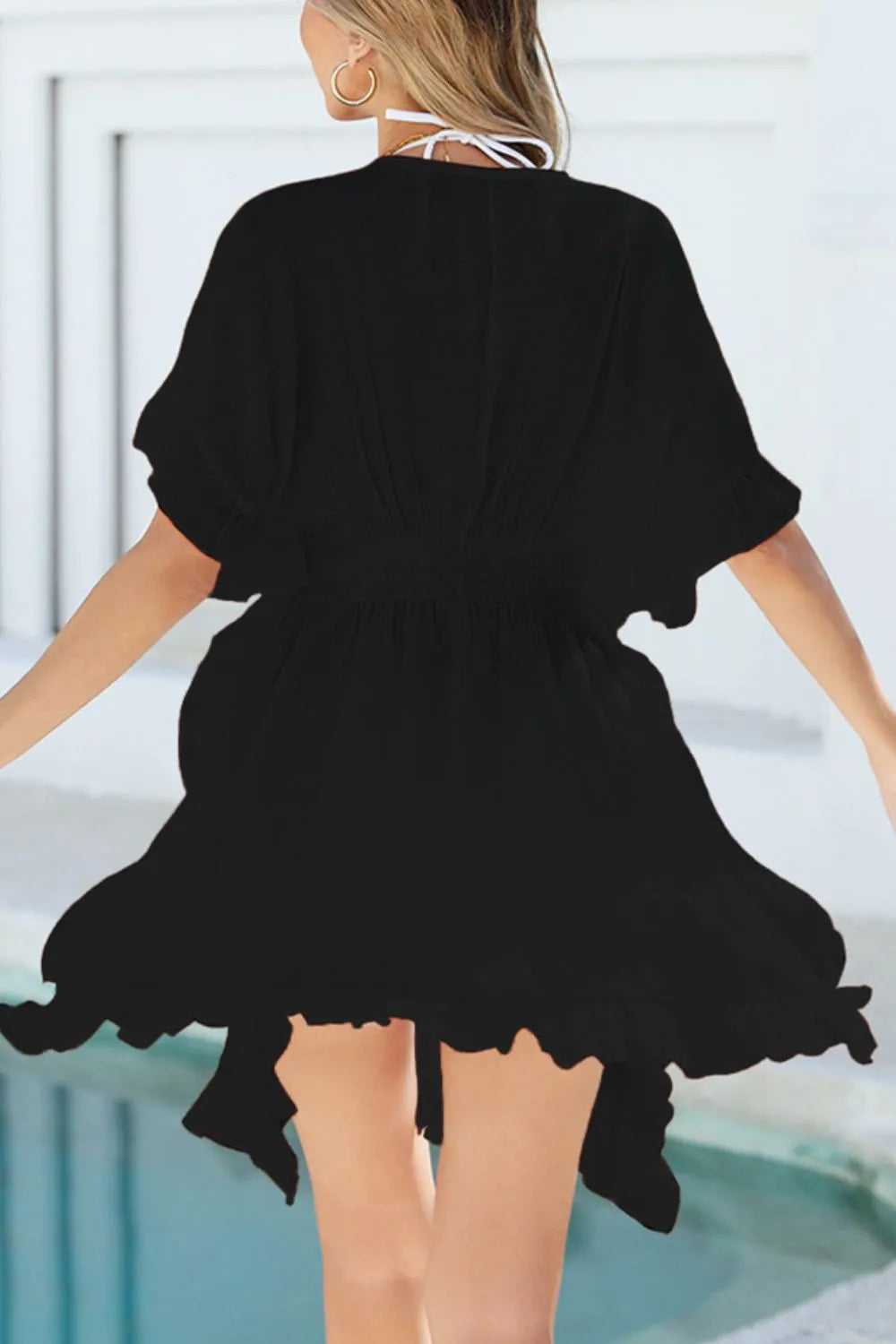 Rear black beach cover-up with ruffles