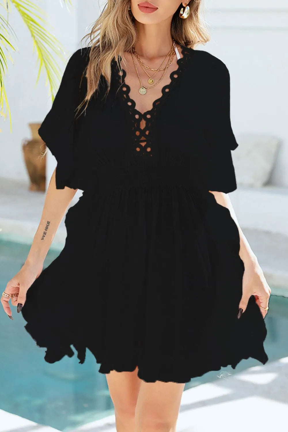  Black smocked waist V-neck cover-up front