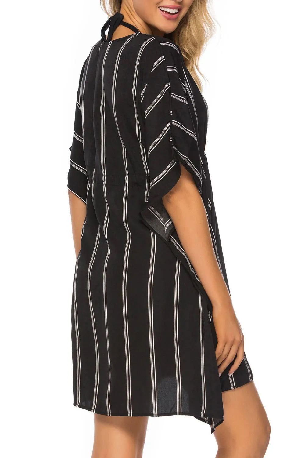 Back view black striped beachwear cover
