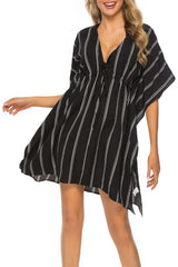 Black striped drawstring swimsuit cover front