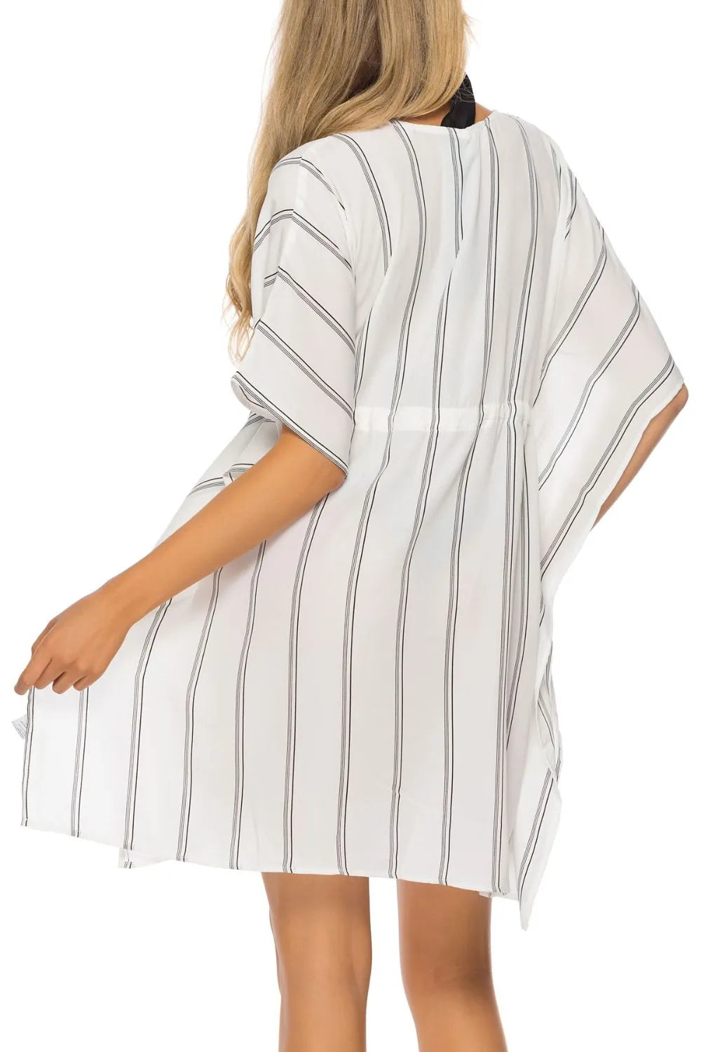 Back view white striped beach cover-up