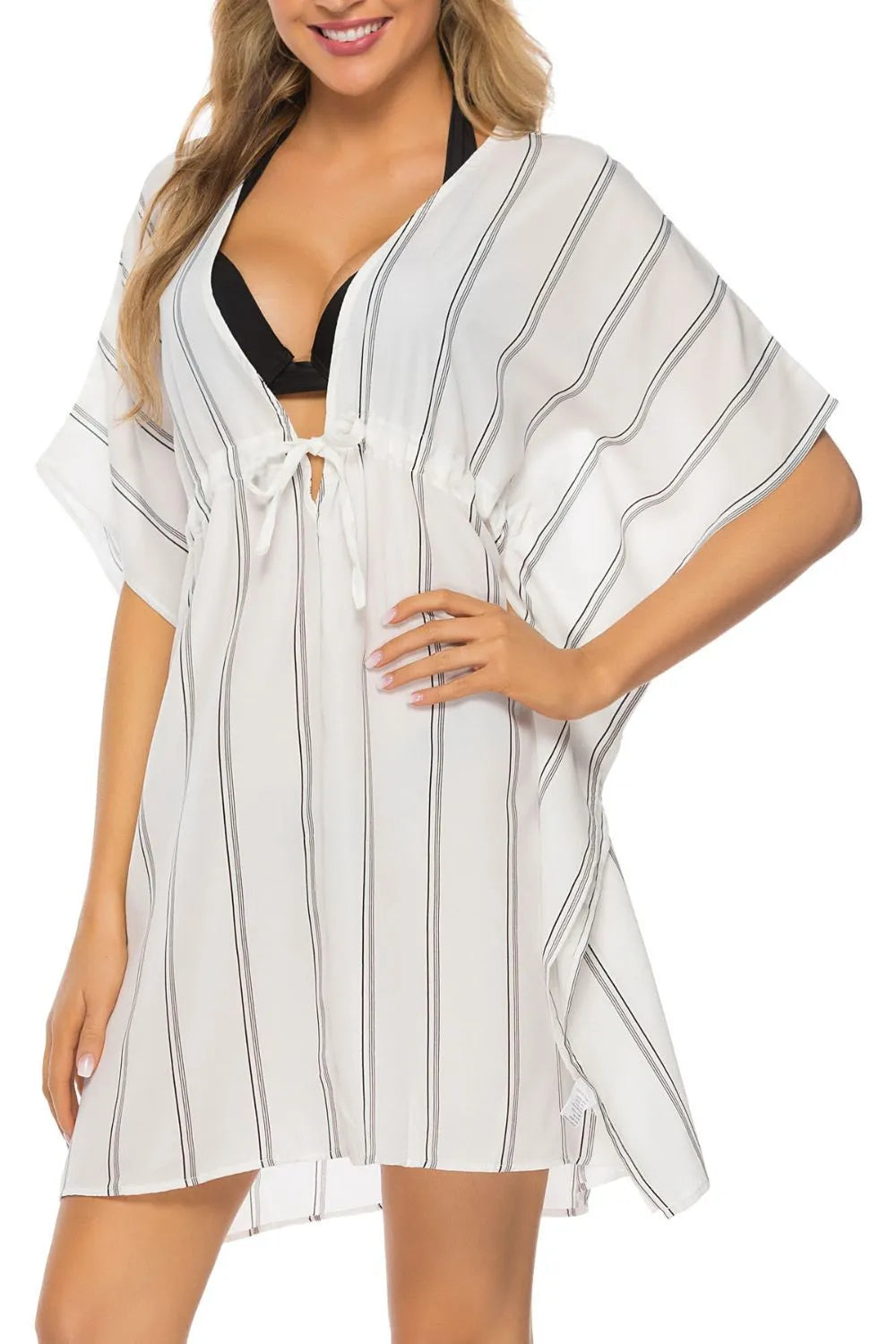 White striped V-neck drawstring cover-up front