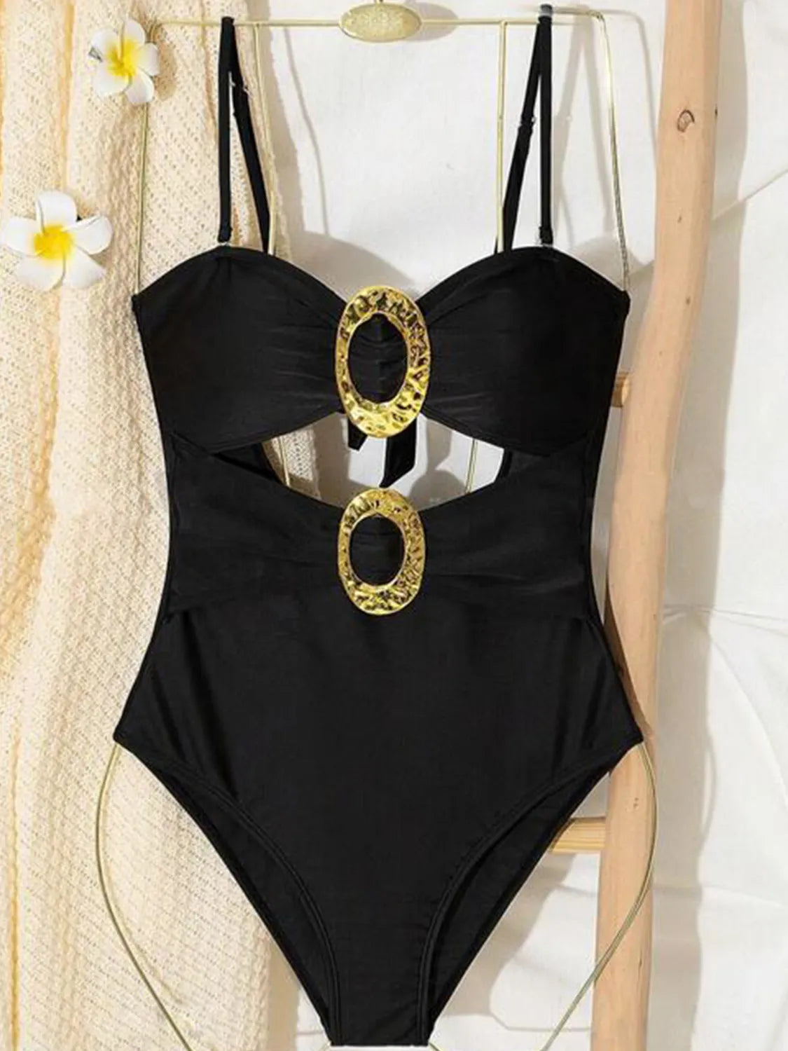 Black front-facing one-piece with sweetheart cut and tie