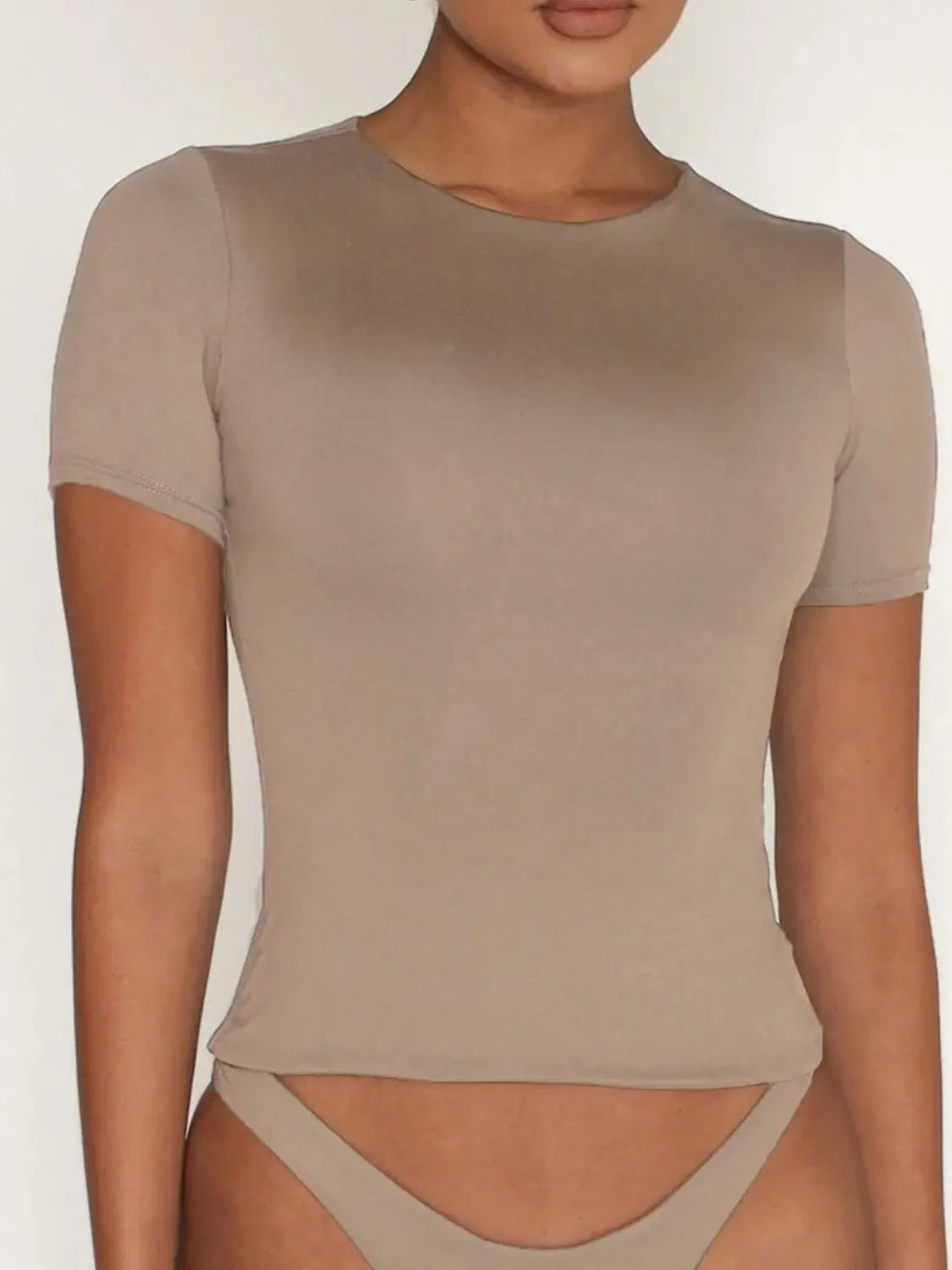 Khaki short sleeve swim top front view