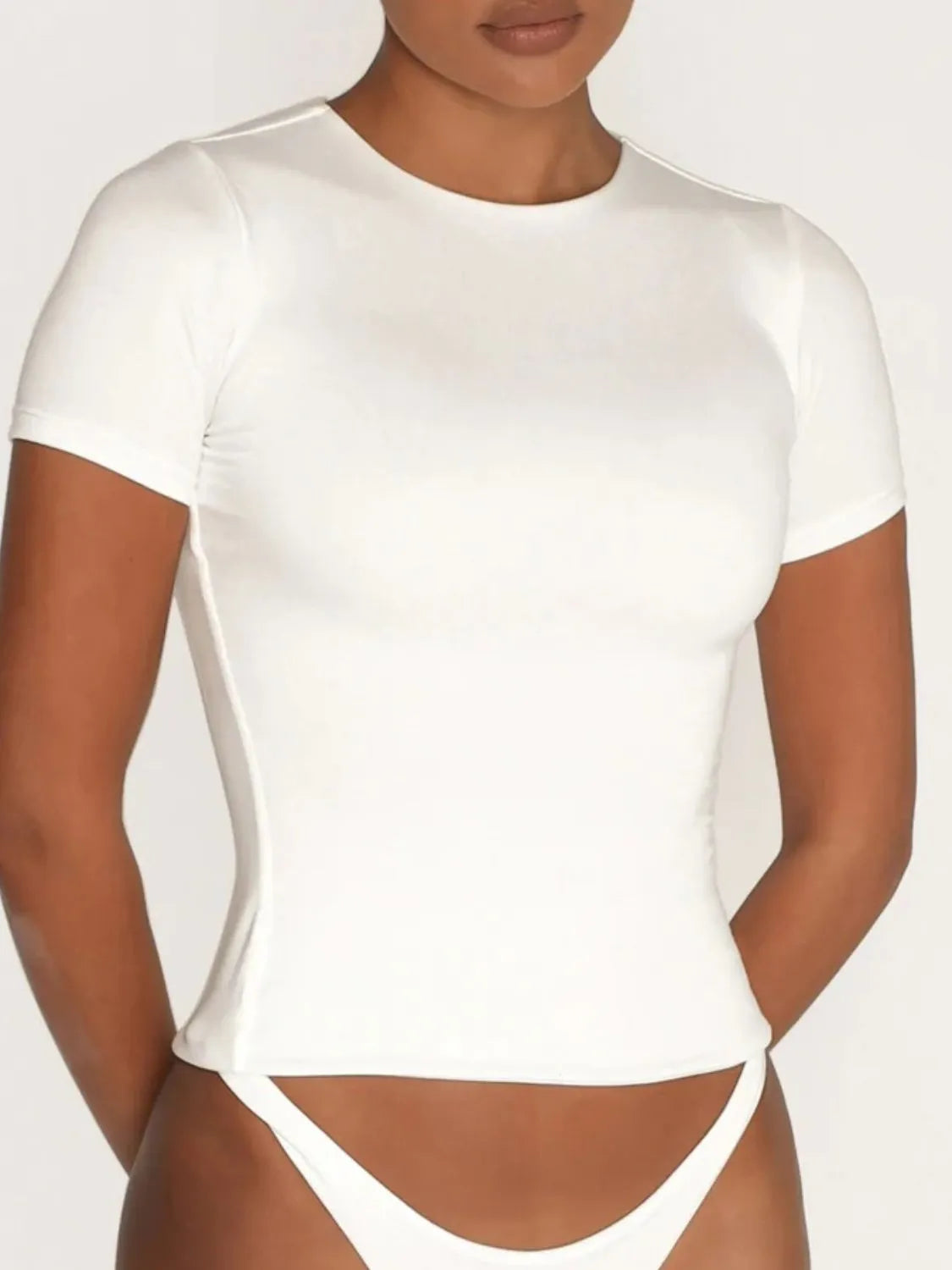 White round neck short sleeve swim top