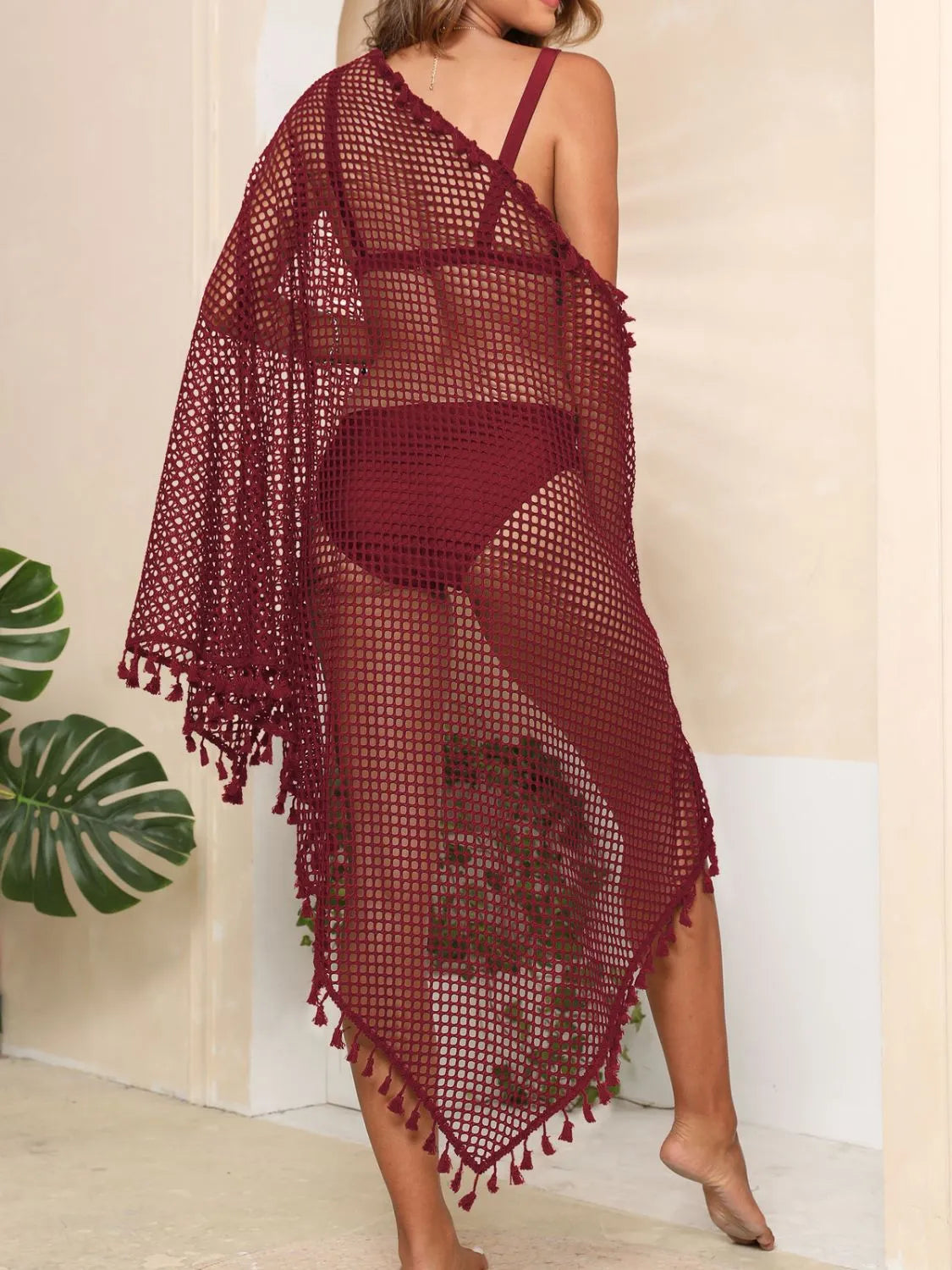 Burgundy openwork back swim cover