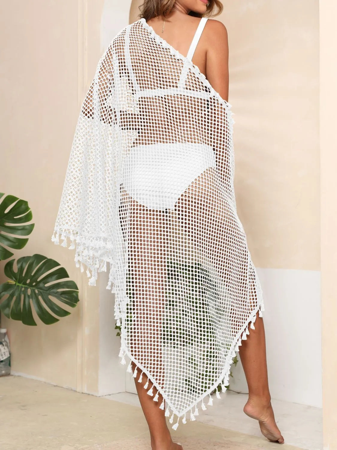 White rear beach cover-up with tassels
