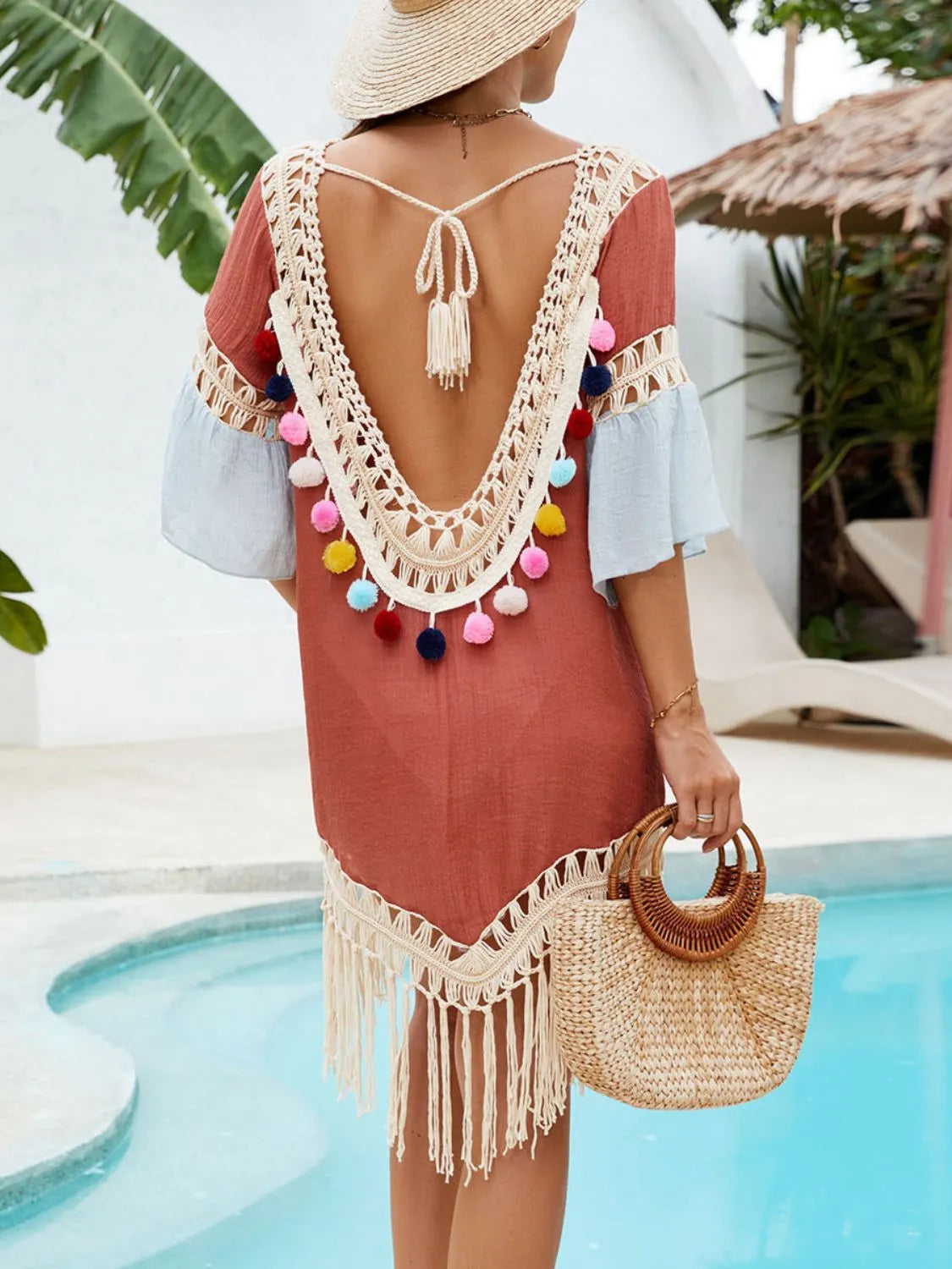 Back view terracotta cover-up with open back and tassels