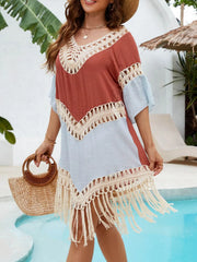  Front-facing terracotta V-neck cover-up with fringe