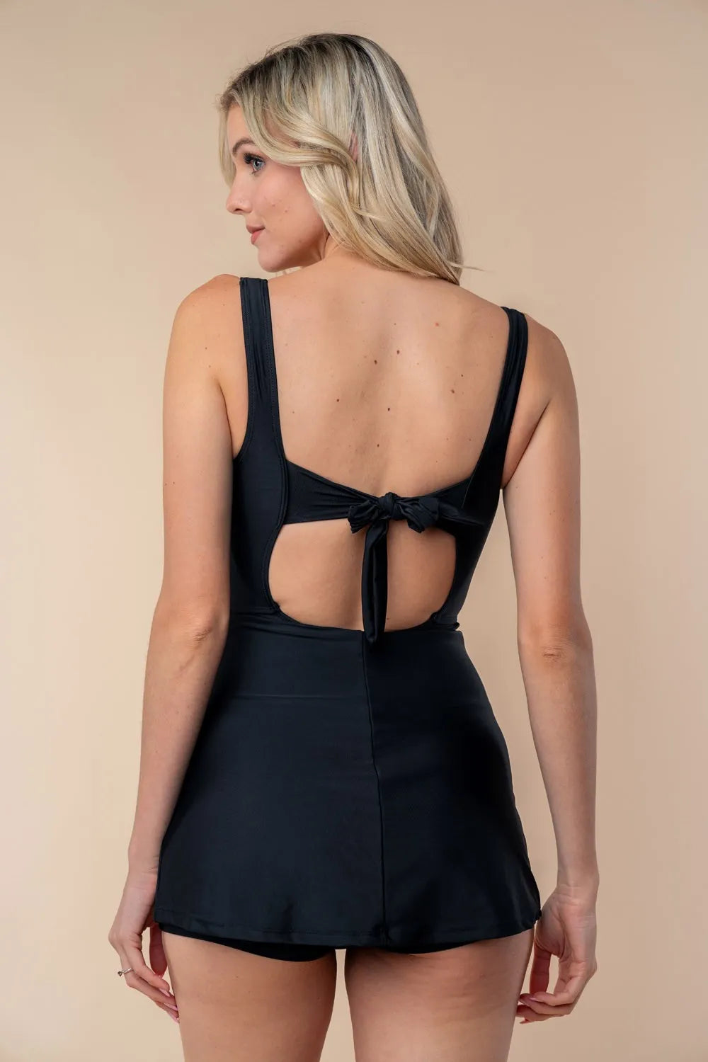 sleeveless tie back swim dress black back view