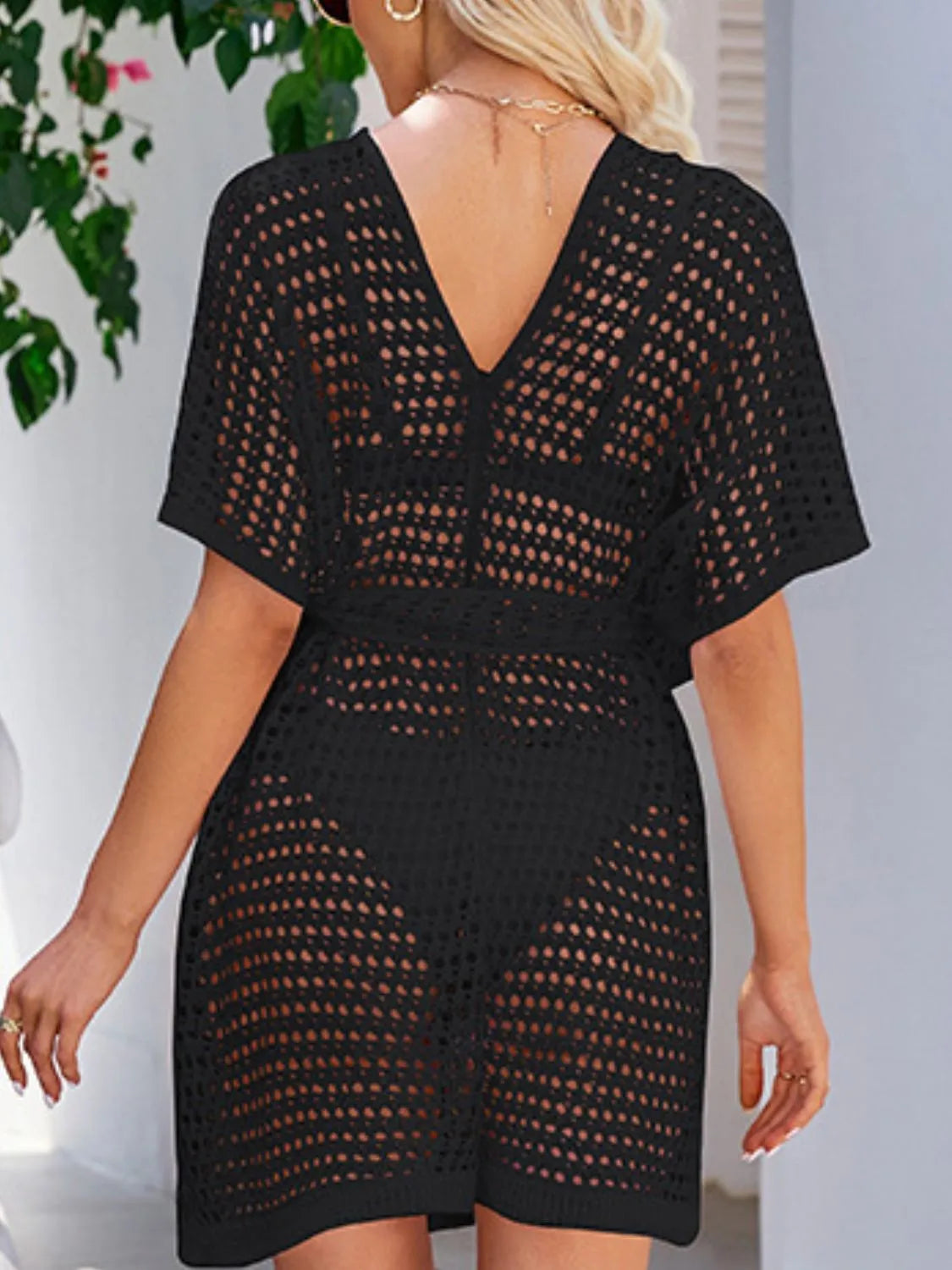 Front view black openwork swimwear cover
