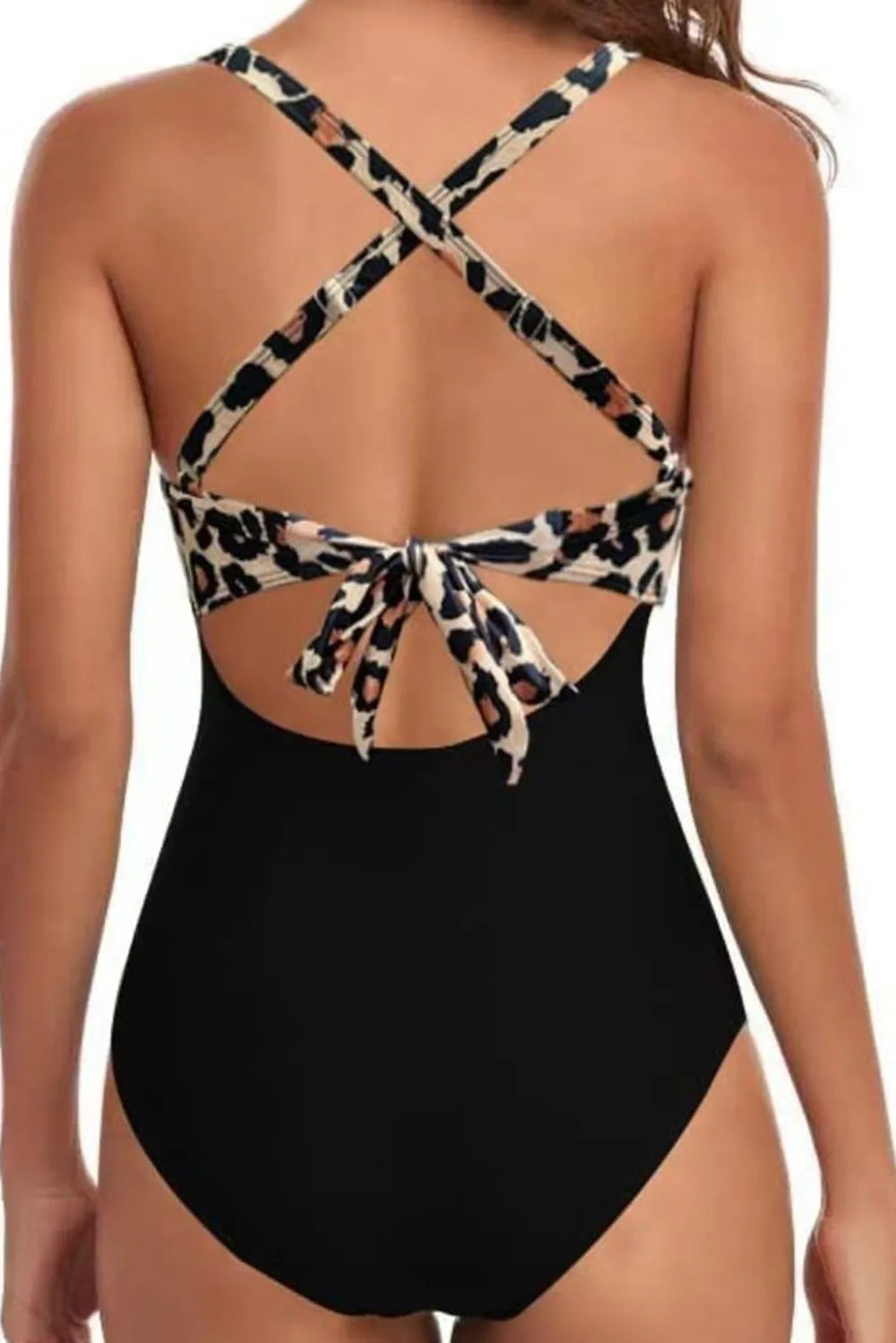 tied crisscross cutout one-piece swimwear leopard back view