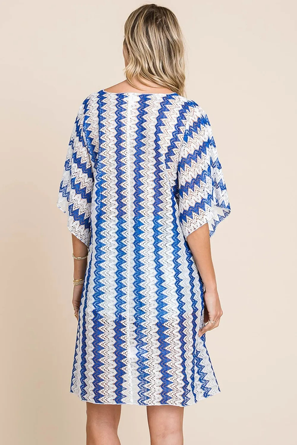 tied striped plunge half sleeve cover up royal blue back view