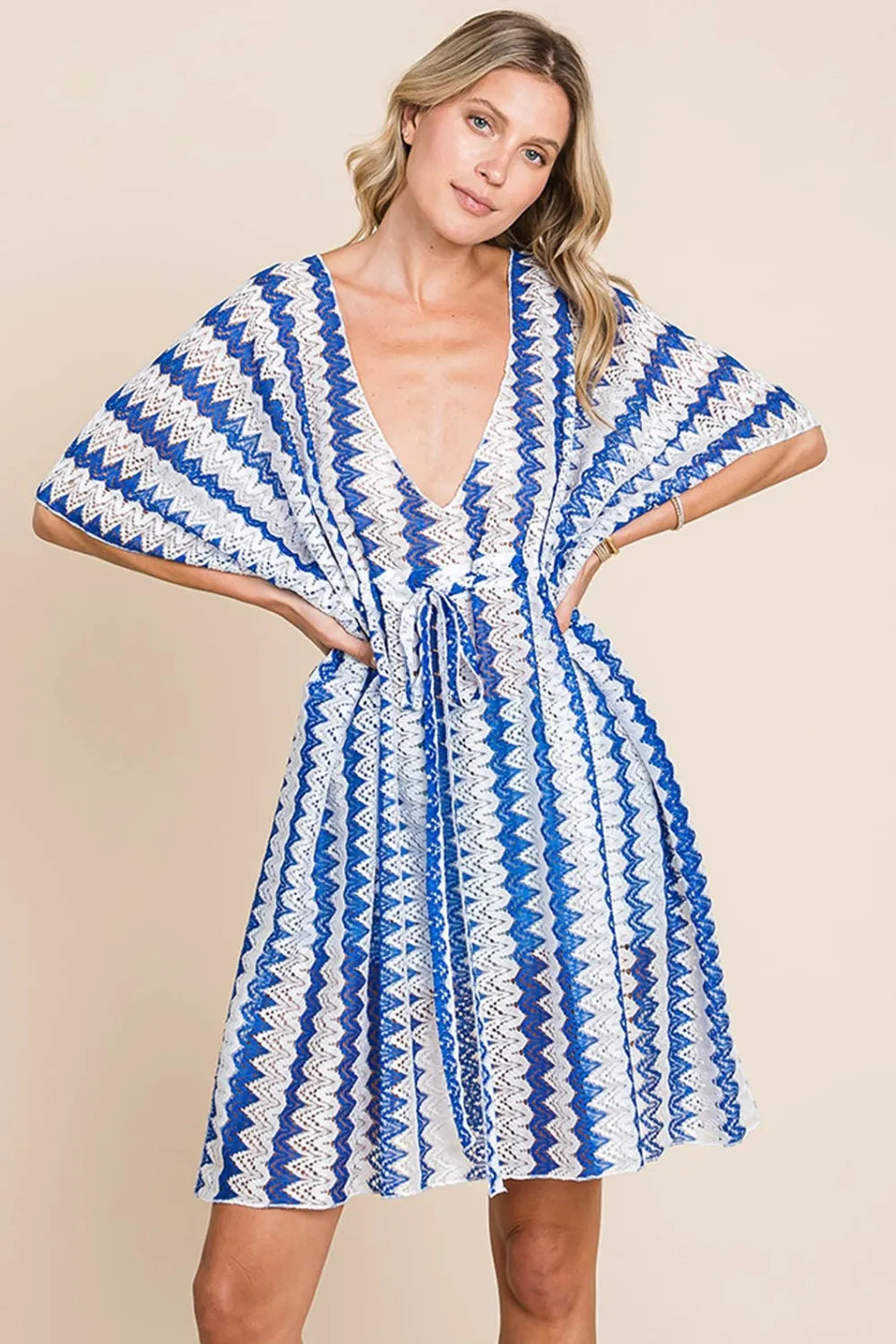 tied striped plunge half sleeve cover up royal blue front view