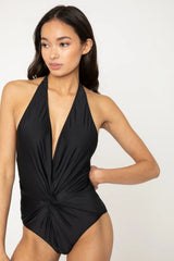 Bold plunge black swimwear with twist detail