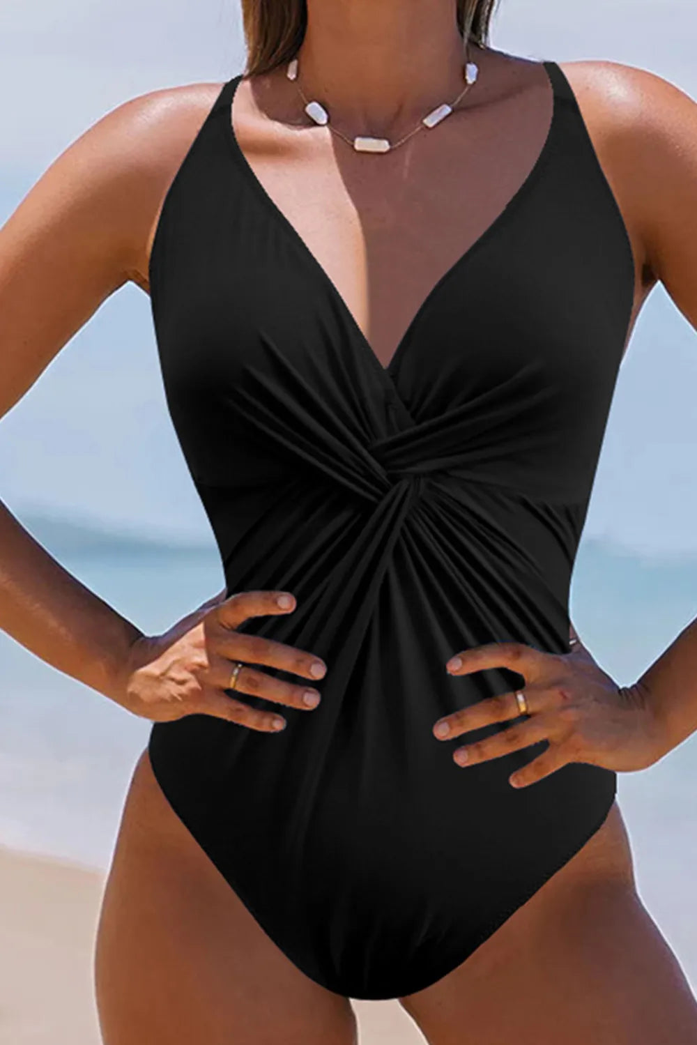 twisted crisscross v-neck one-piece black front view