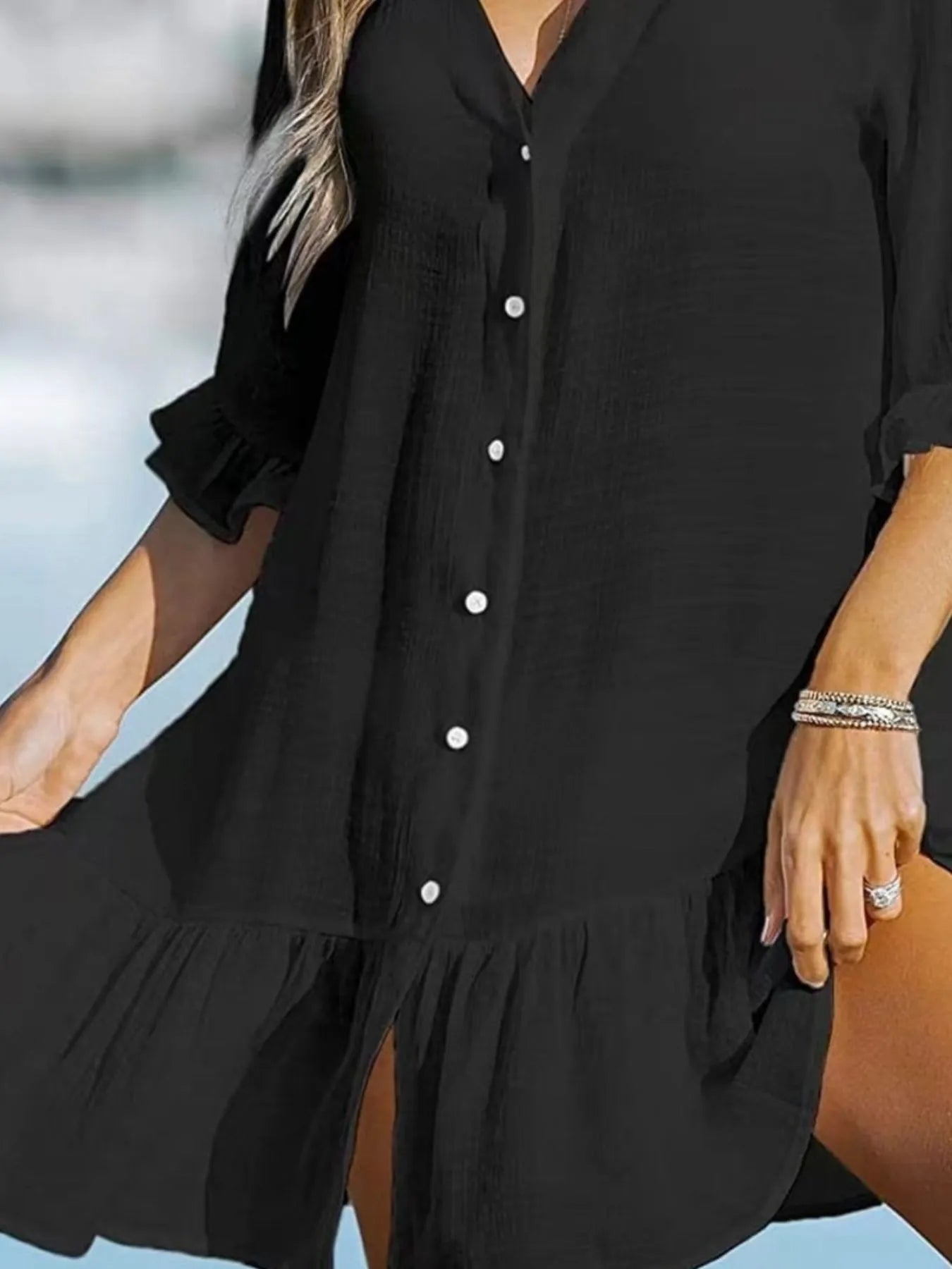 Front view black button down beach dress