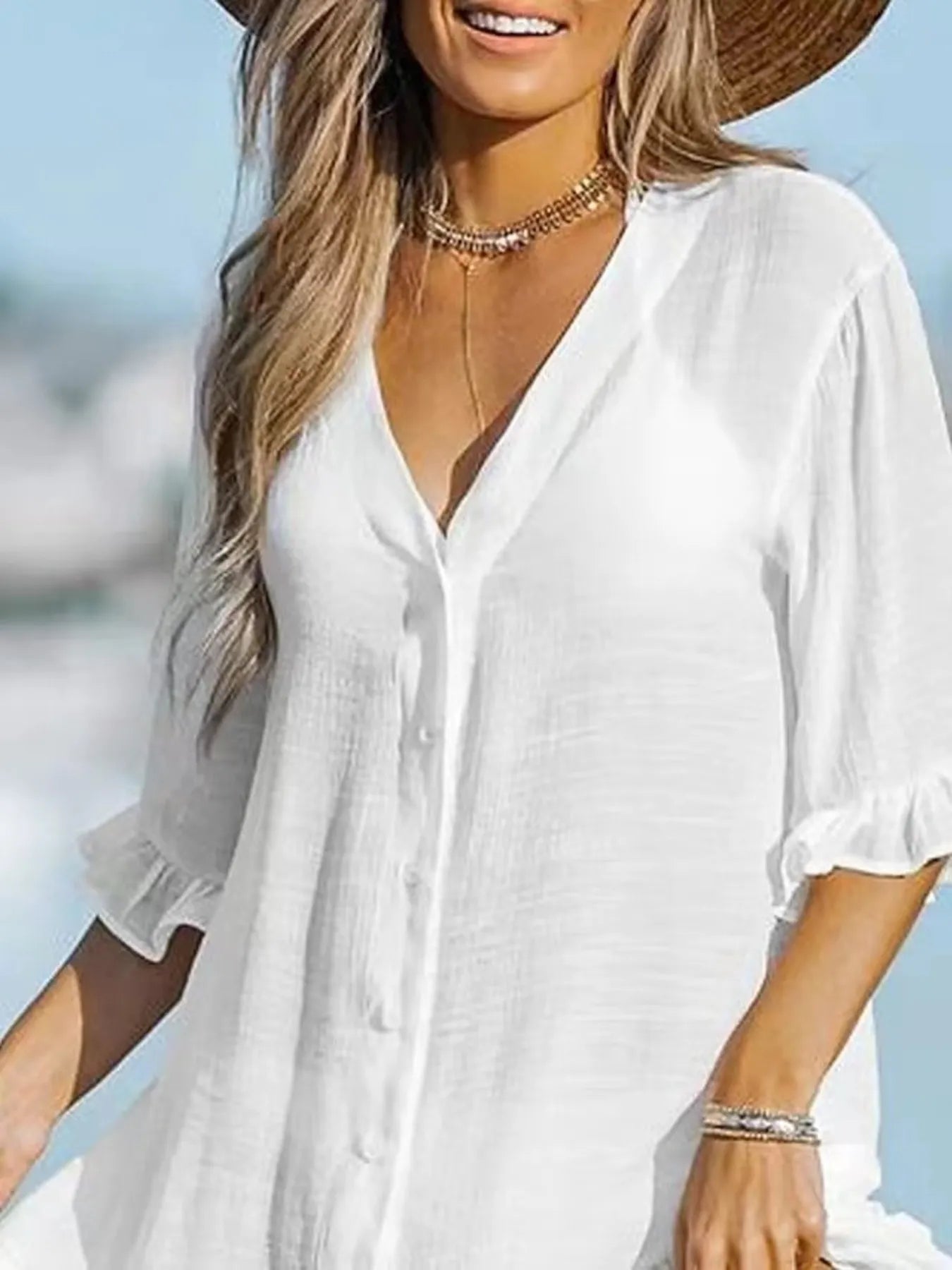 Front view white button down beach dress