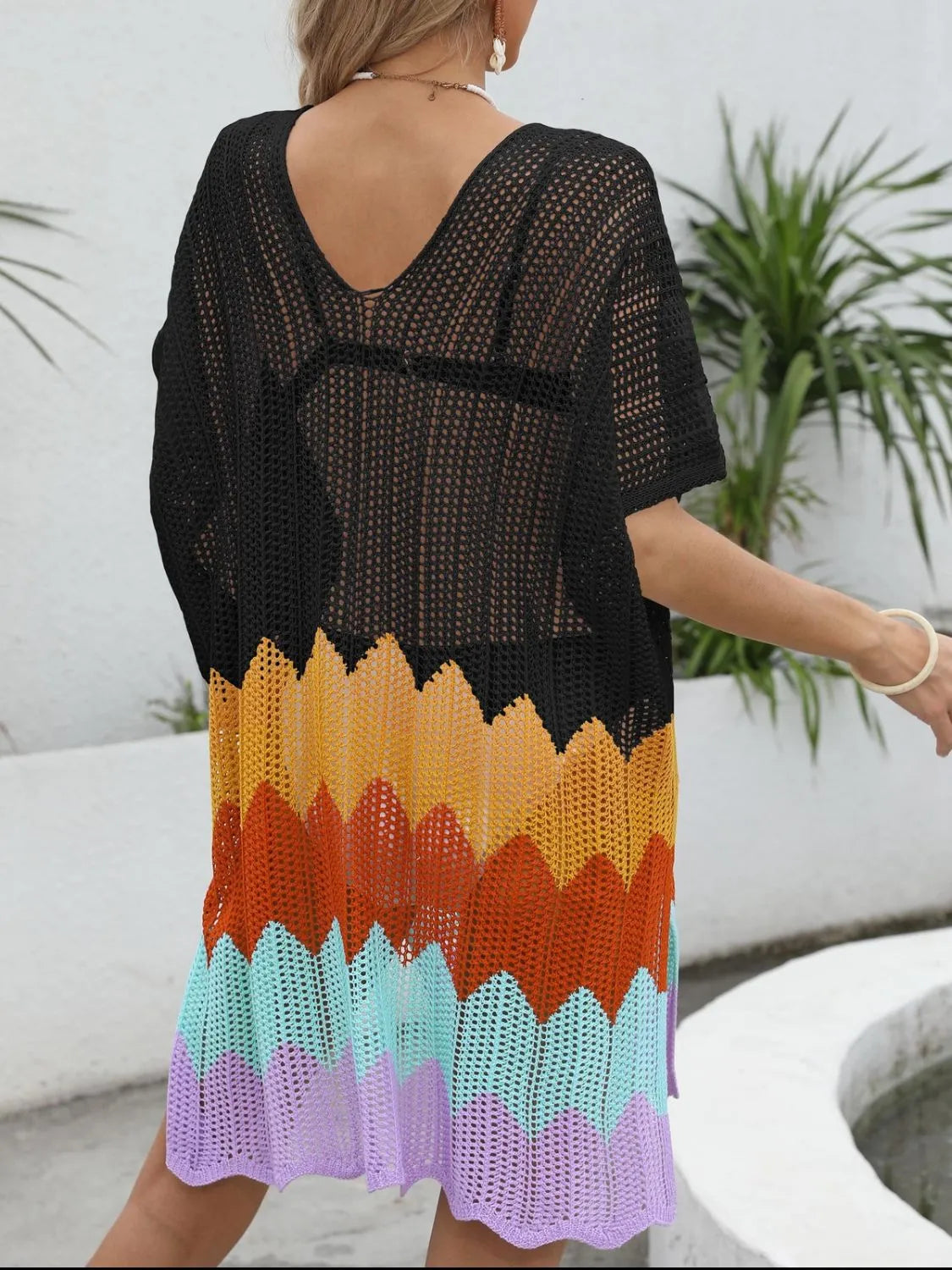 Back view black openwork swimsuit cover