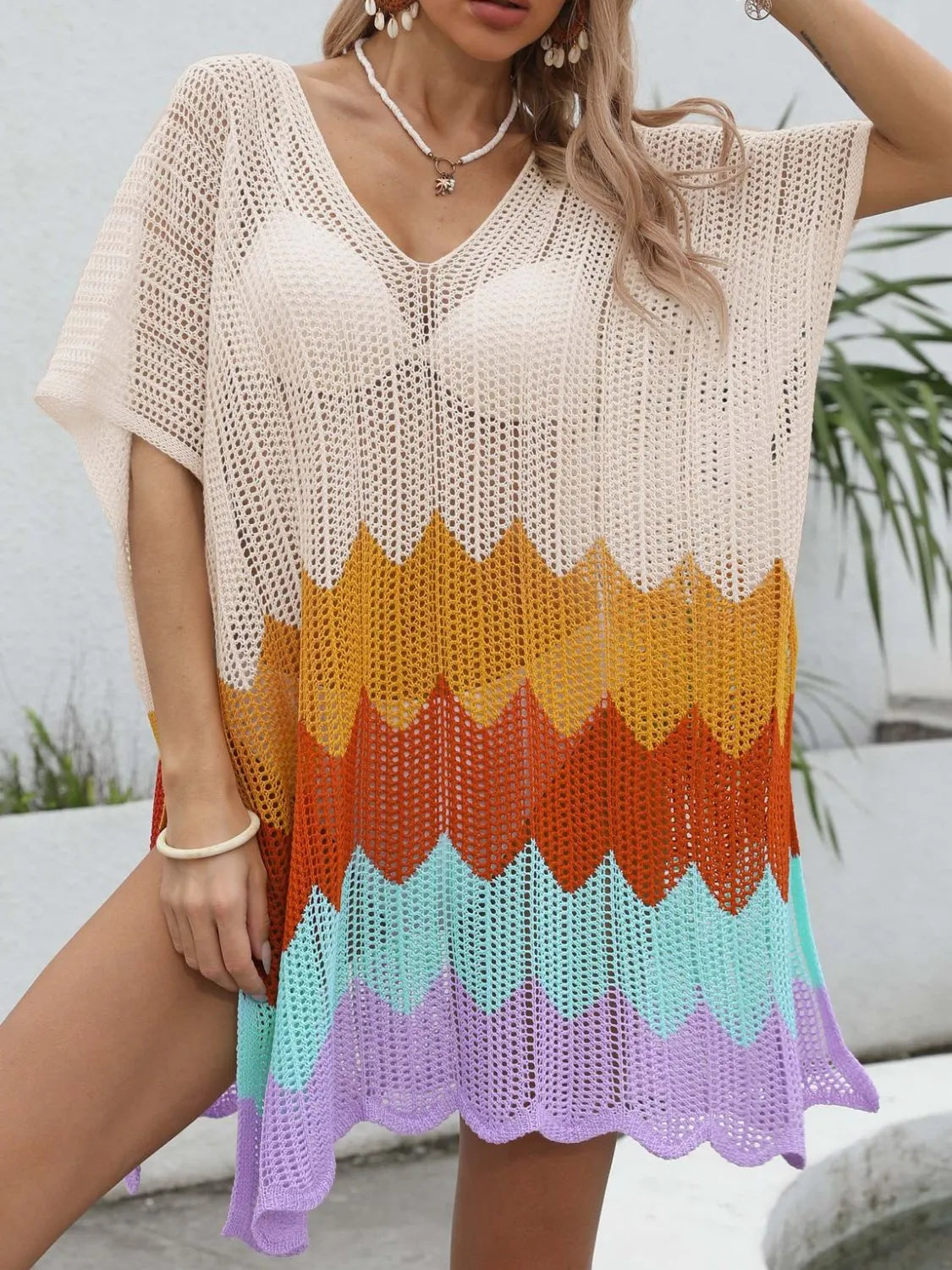 Front view tan beach cover-up half sleeve