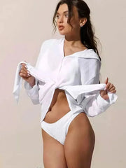 Front view of white button down hooded beach cover-up
