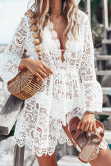Front view of white V-neck lace cover-up dress